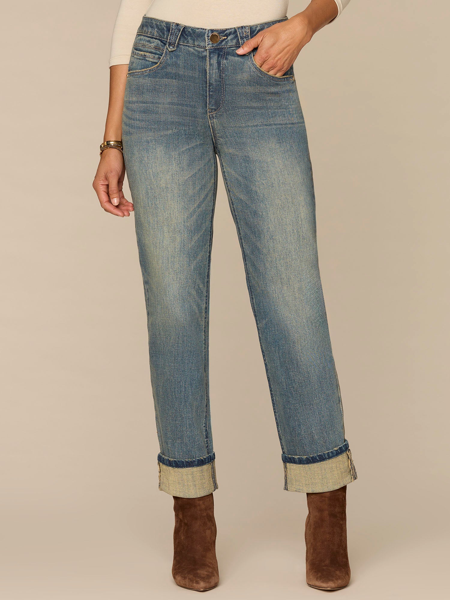 High Rise Round Up Boyfriend Jeans with Cuffed Hem