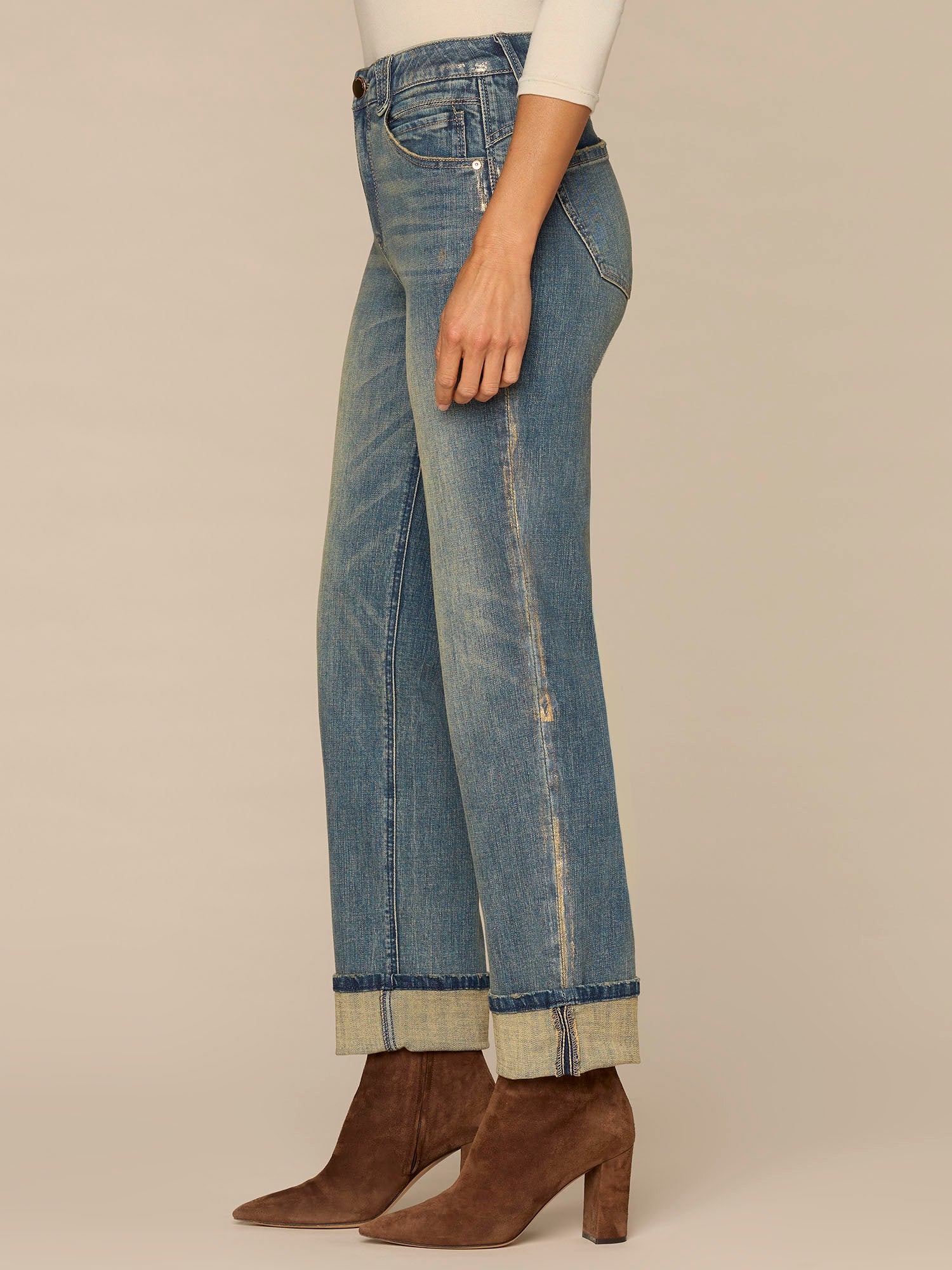 High Rise Round Up Boyfriend Jeans with Cuffed Hem - Image 3