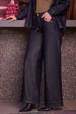 Skyrise Cinched Drawstring Waist Wide Leg Pants with Release Hem