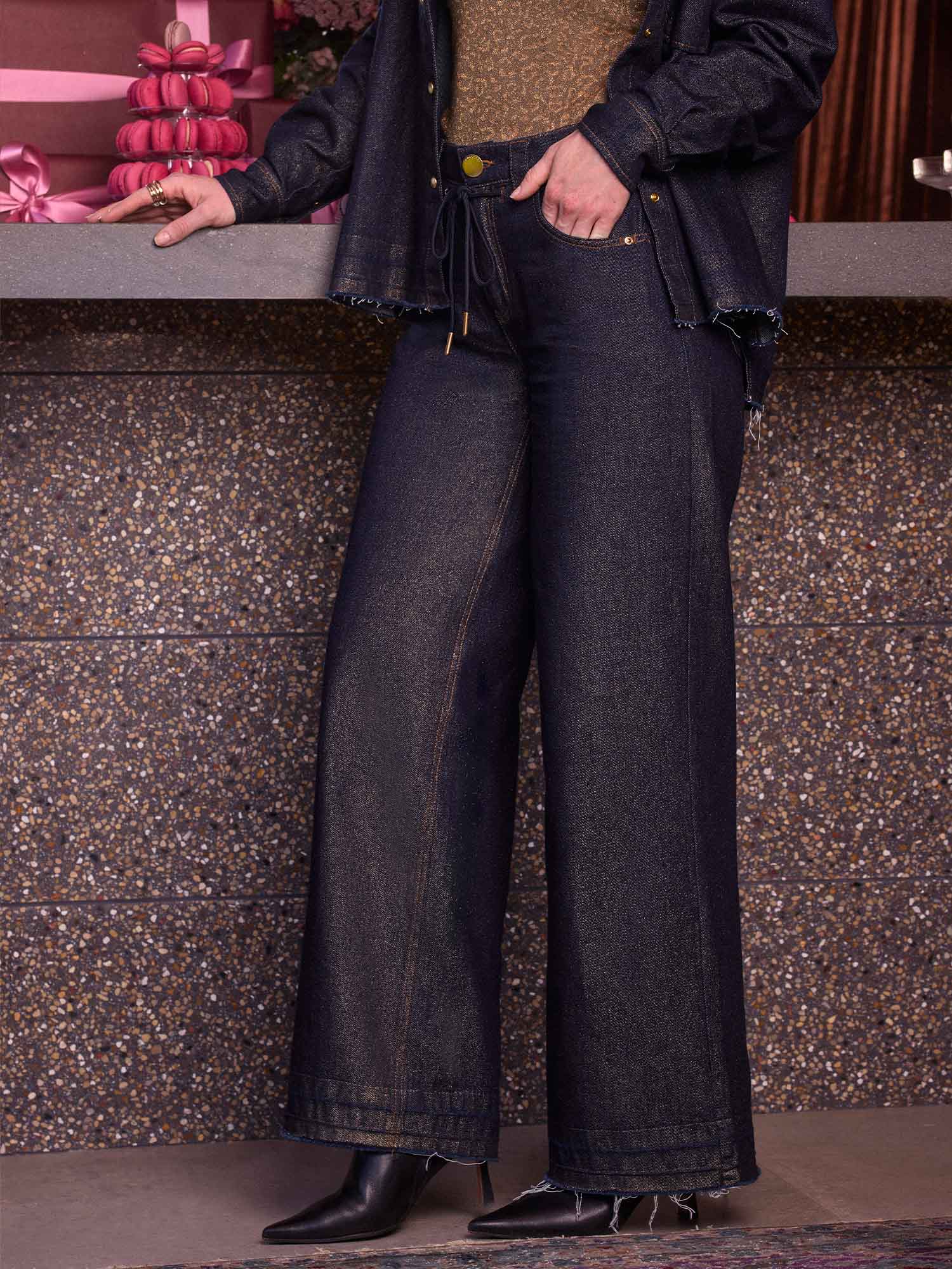 Skyrise Cinched Drawstring Waist Wide Leg Pants with Release Hem