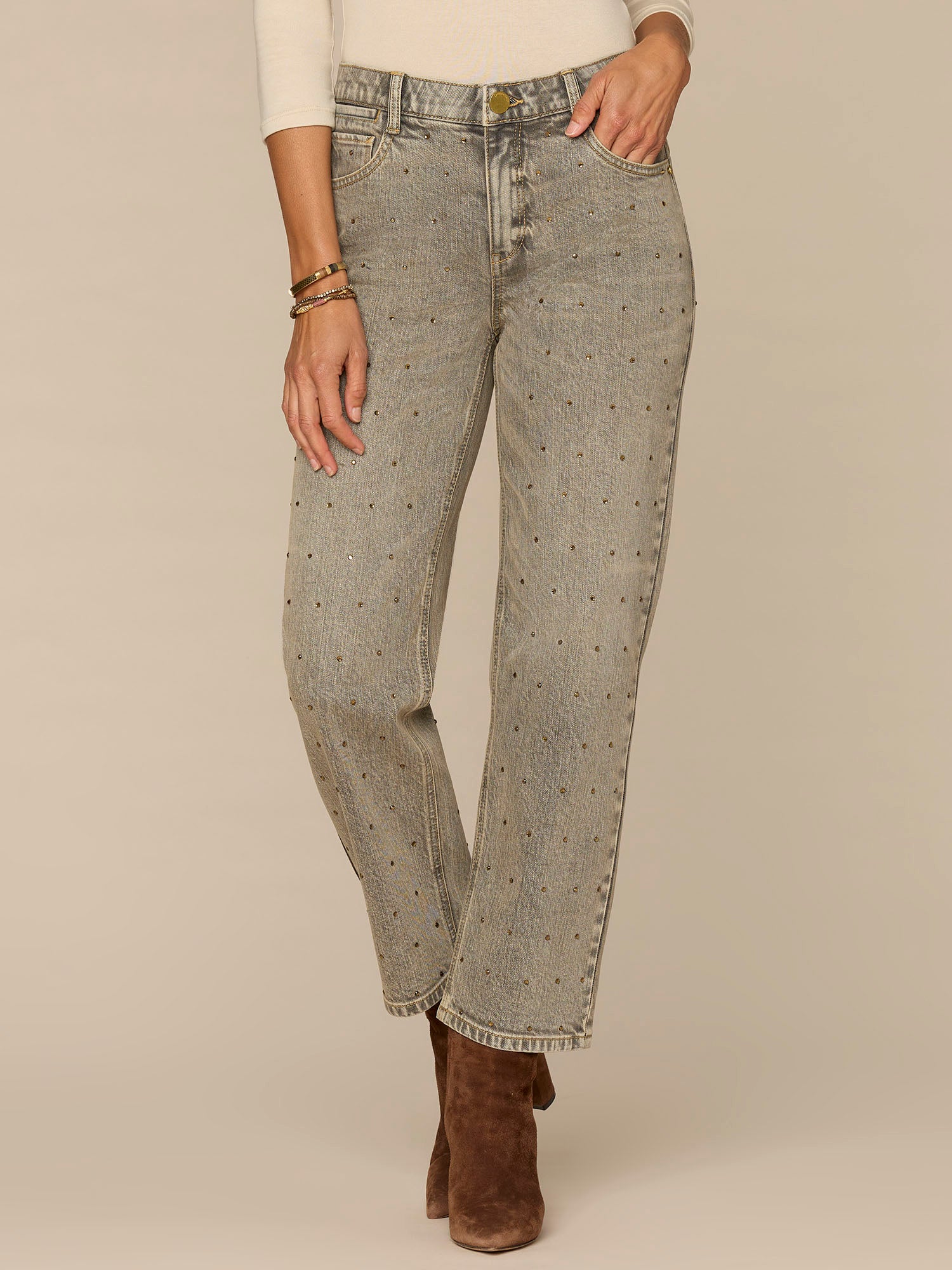 Absolution® High Rise Round Up Boyfriend Jeans with Rhinestones