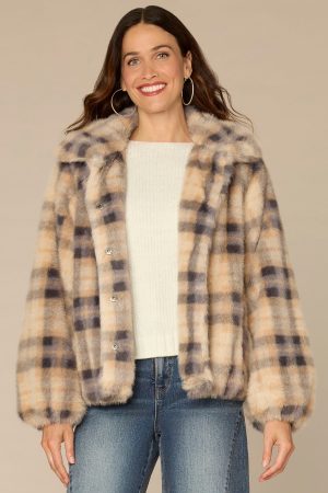 Blouson Sleeve Collared Button Front Plaid Woven Faux Fur Jacket