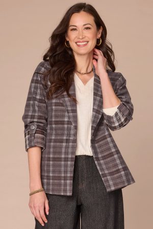 Long Roll Tab Sleeve Princess Seam Pockets Single Button Plaid Blazer