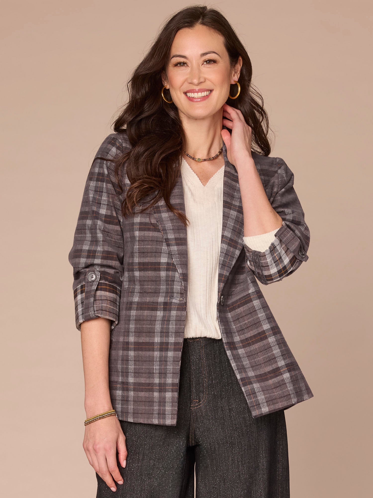 Long Roll Tab Sleeve Princess Seam Pockets Single Button Plaid Blazer