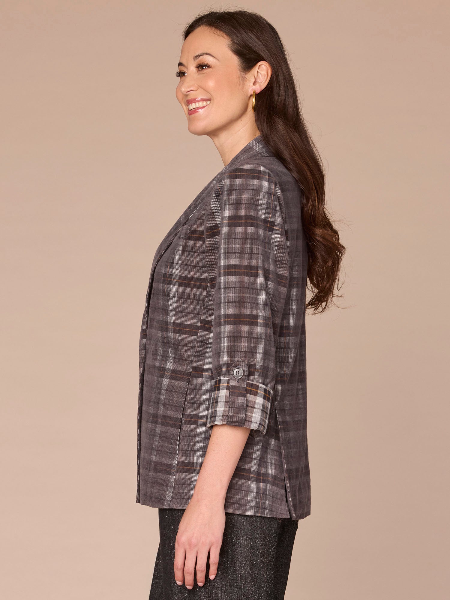 Long Roll Tab Sleeve Princess Seam Pockets Single Button Plaid Blazer - Image 2
