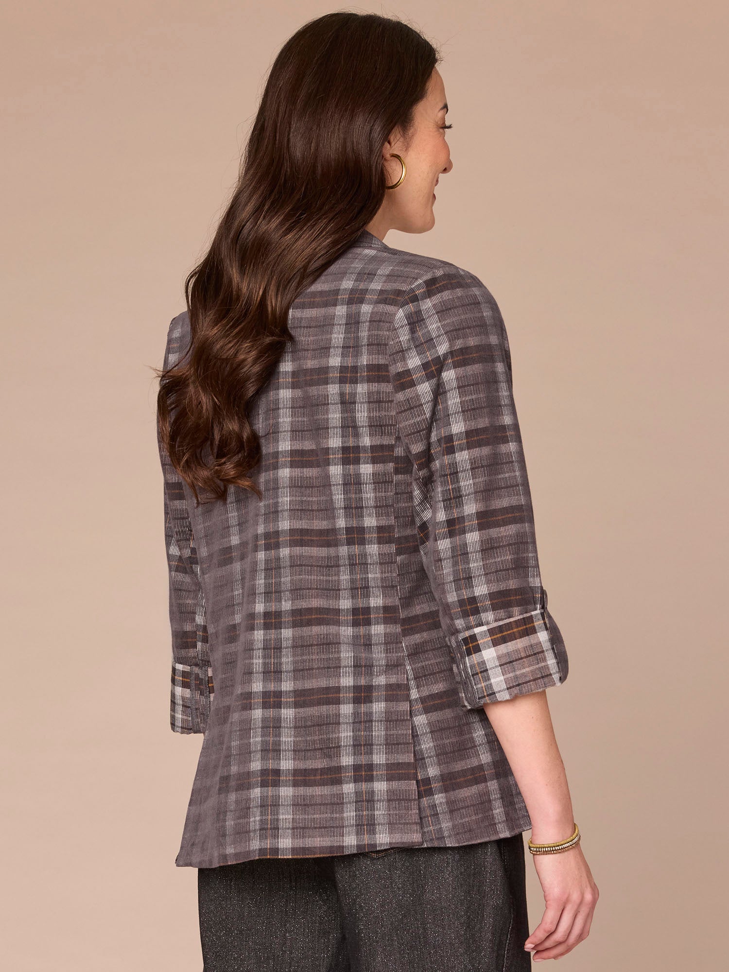 Long Roll Tab Sleeve Princess Seam Pockets Single Button Plaid Blazer - Image 3