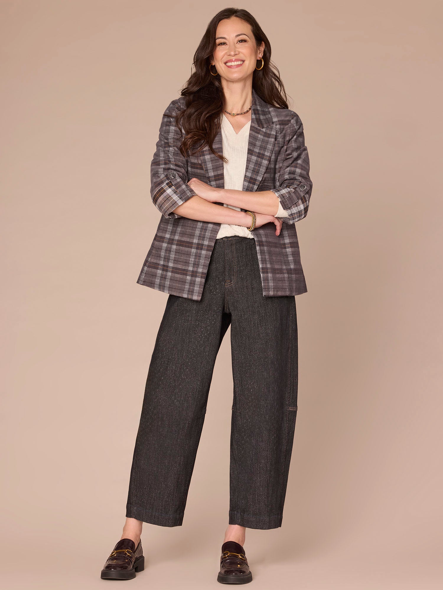 Long Roll Tab Sleeve Princess Seam Pockets Single Button Plaid Blazer - Image 4