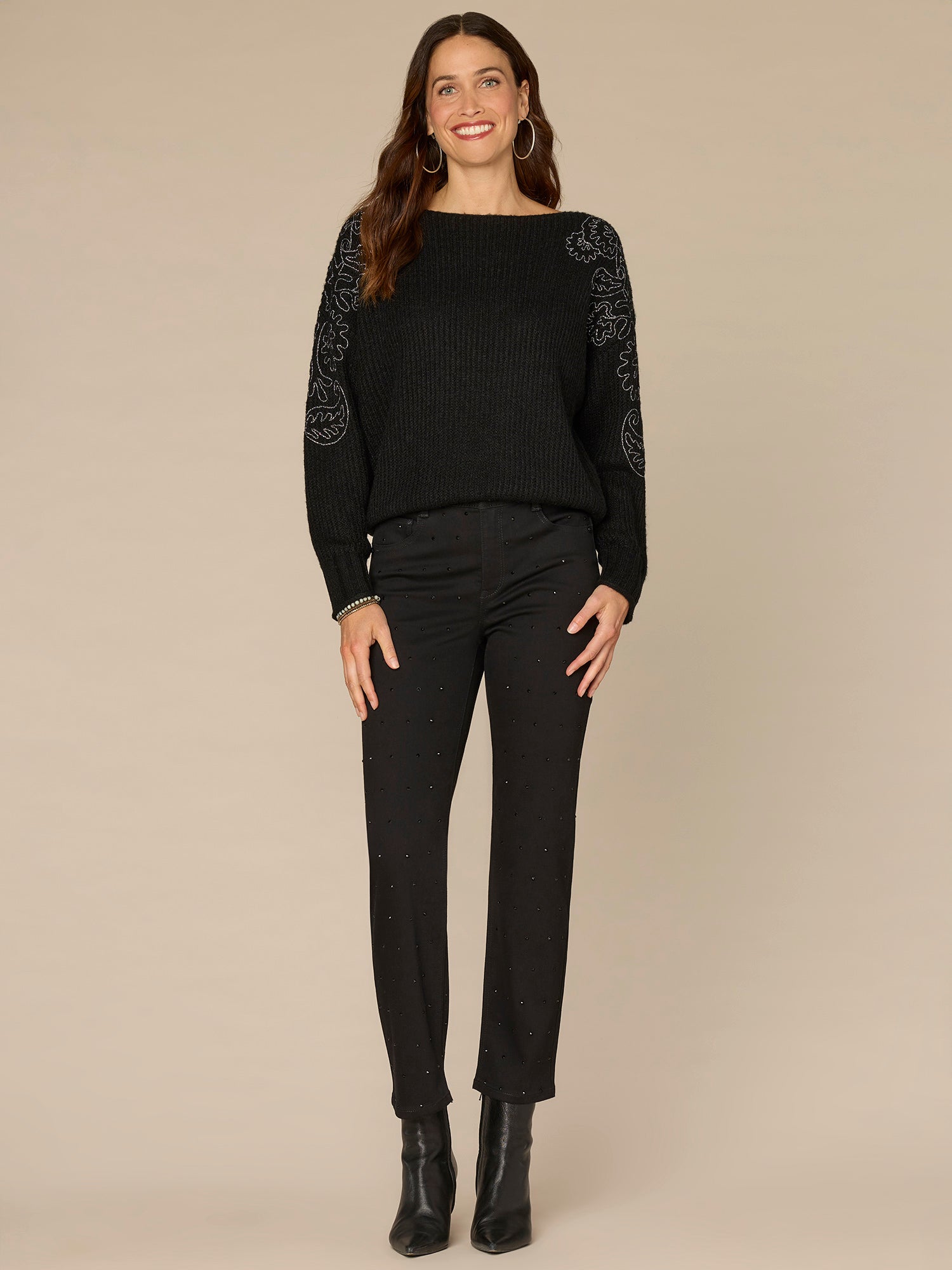 Long Sleeve Boat Neck Embroidered Shoulder Pull Over Sweater - Image 8