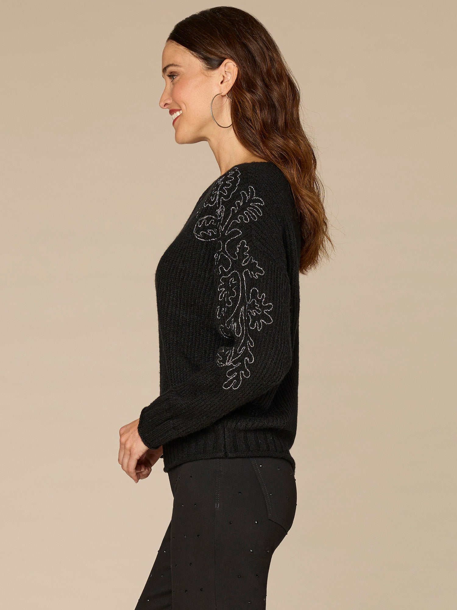 Long Sleeve Boat Neck Embroidered Shoulder Pull Over Sweater - Image 6