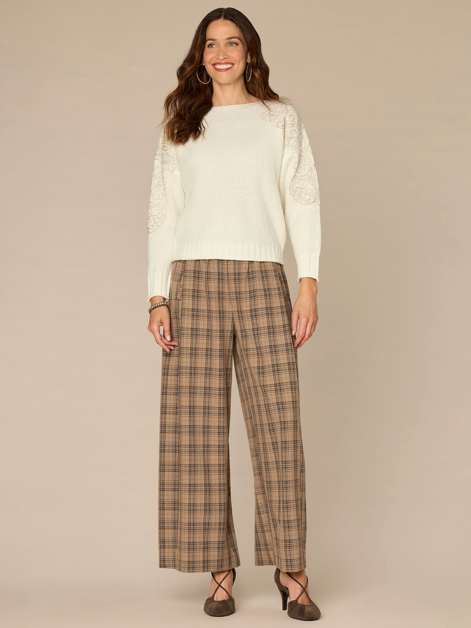 Long Sleeve Boat Neck Embroidered Shoulder Pull Over Sweater - Image 4