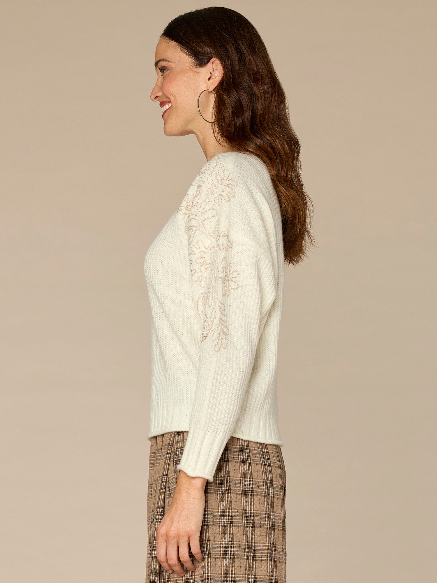Long Sleeve Boat Neck Embroidered Shoulder Pull Over Sweater - Image 2
