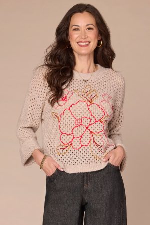 Long Sleeve Round Neck Sweater with Floral Embroidery