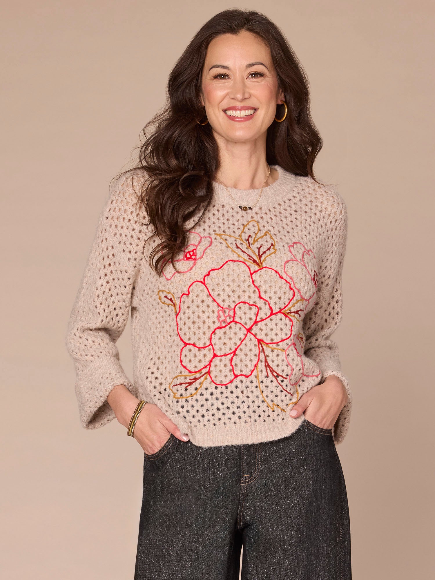 Long Sleeve Round Neck Sweater with Floral Embroidery