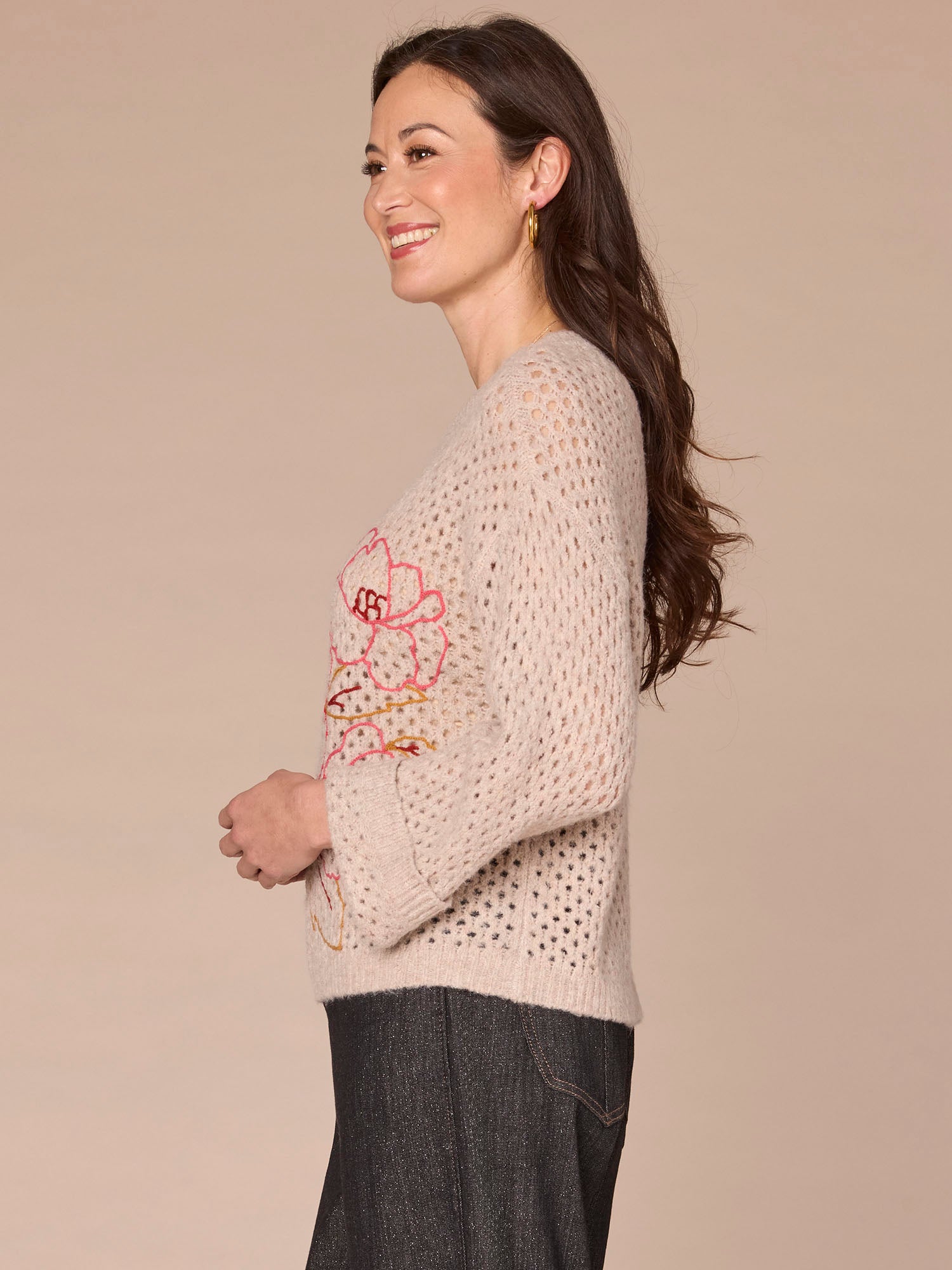 Long Sleeve Round Neck Sweater with Floral Embroidery - Image 2