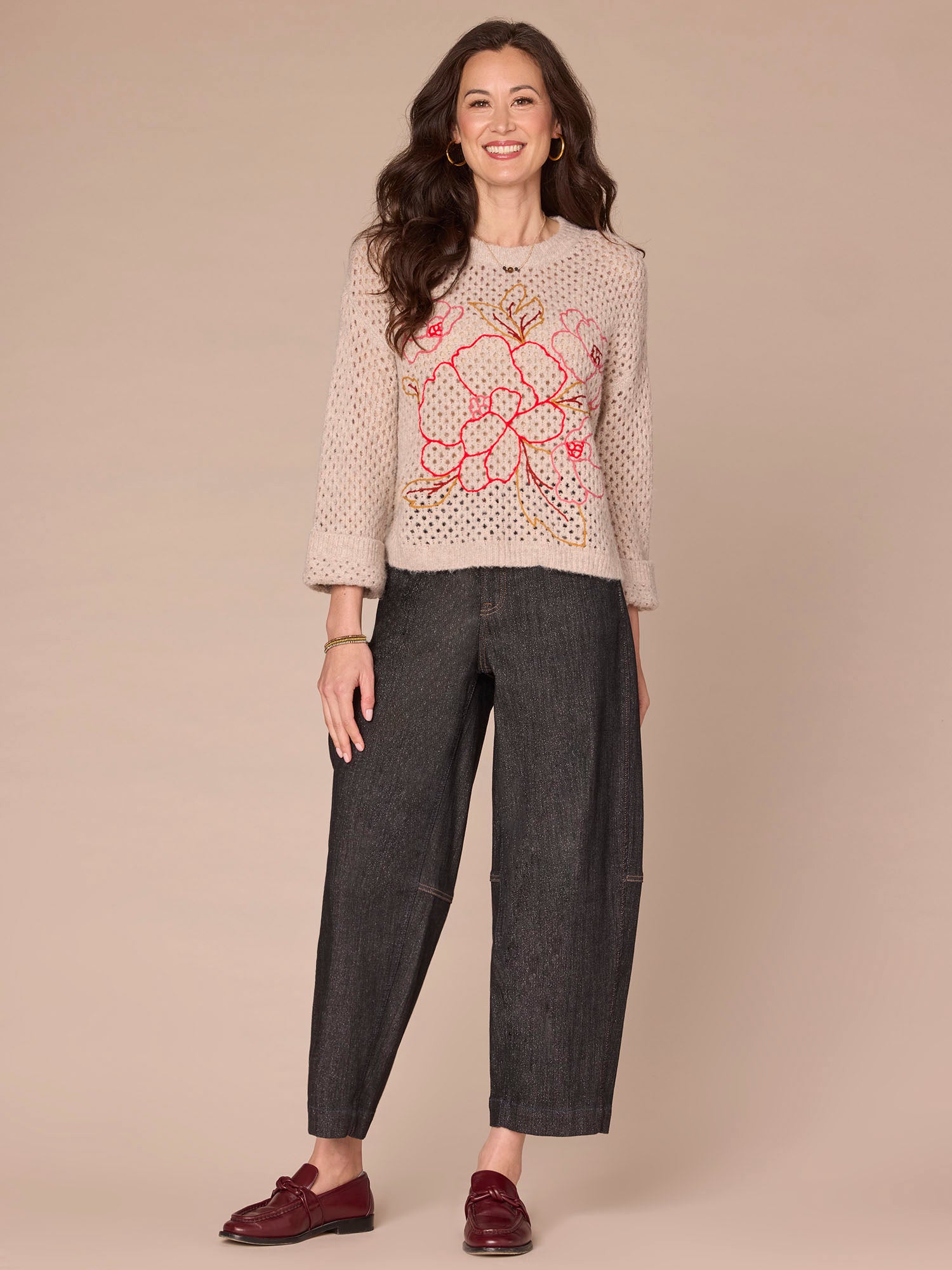 Long Sleeve Round Neck Sweater with Floral Embroidery - Image 4