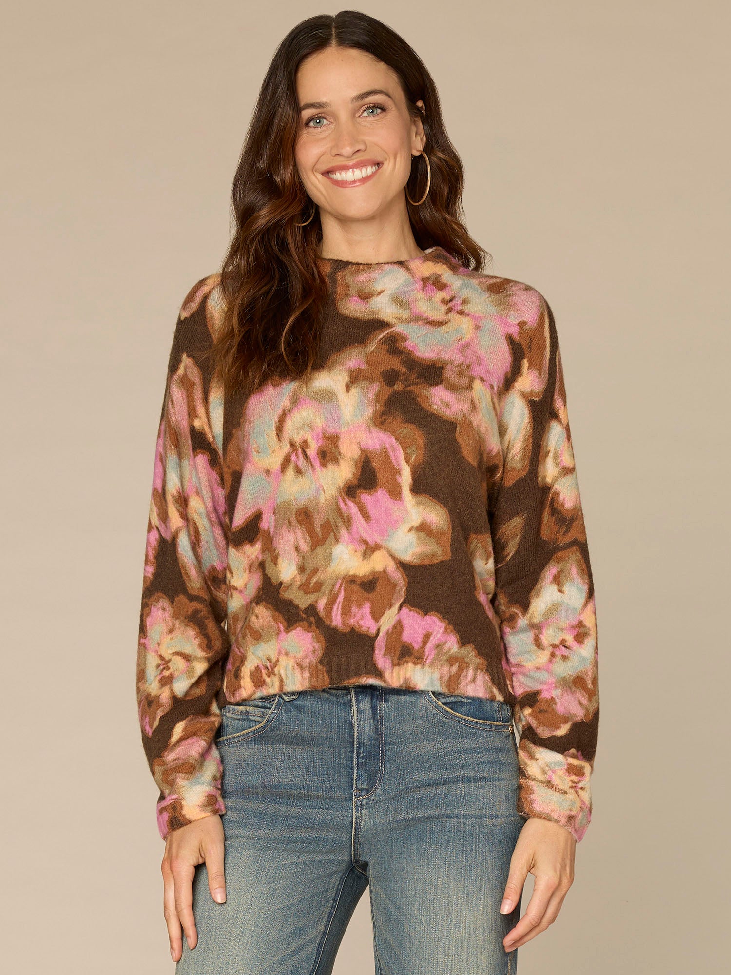 Long Ruched Sleeve Round Mock Neck Abstract Floral Print Sweater - Image 2