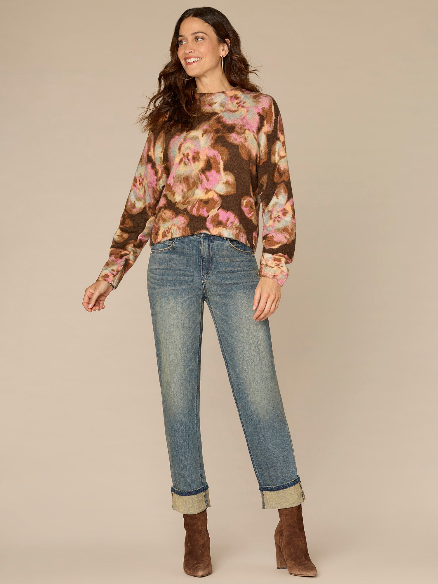 Long Ruched Sleeve Round Mock Neck Abstract Floral Print Sweater - Image 5