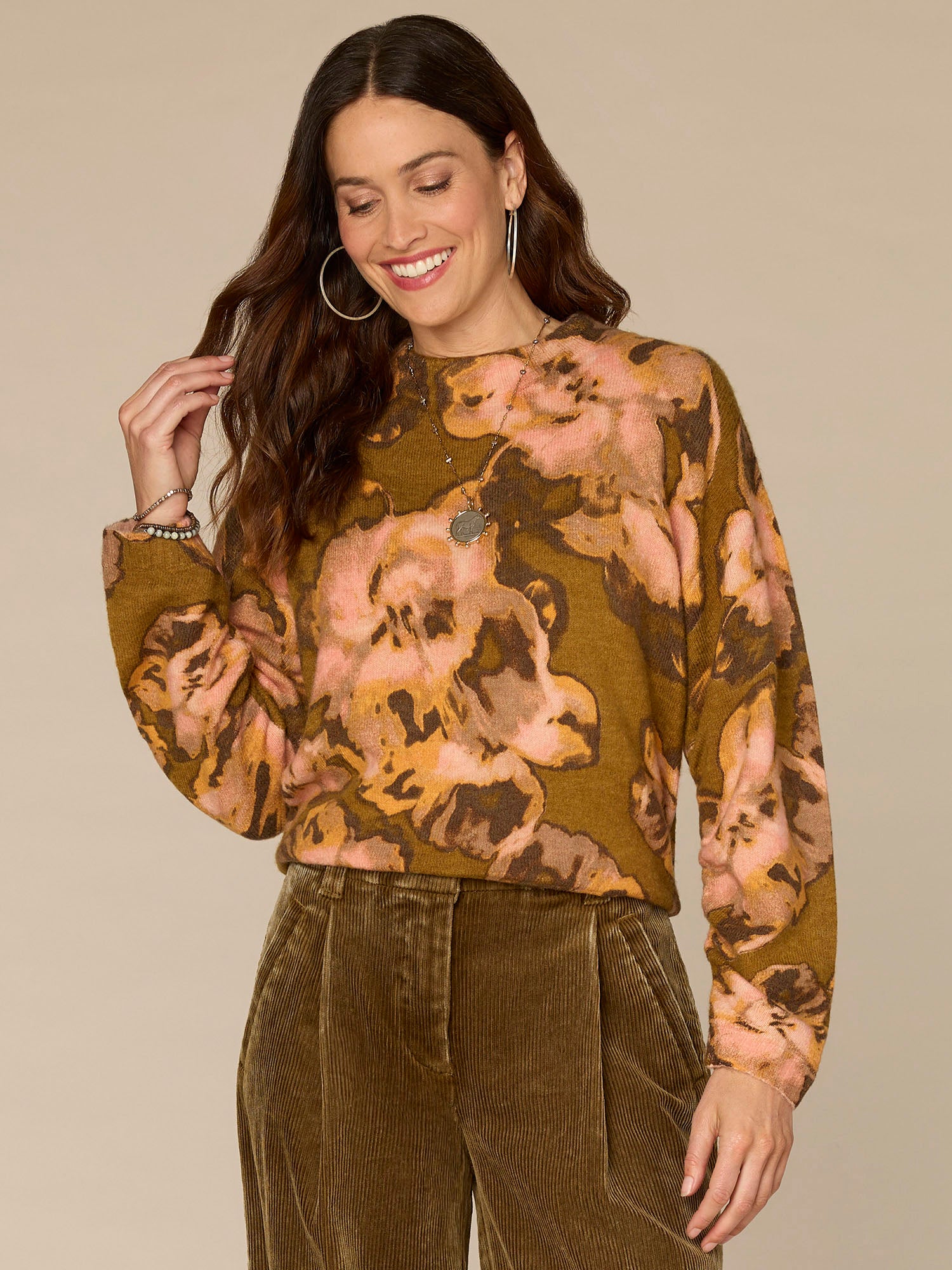Long Ruched Sleeve Round Mock Neck Abstract Floral Print Sweater - Image 6
