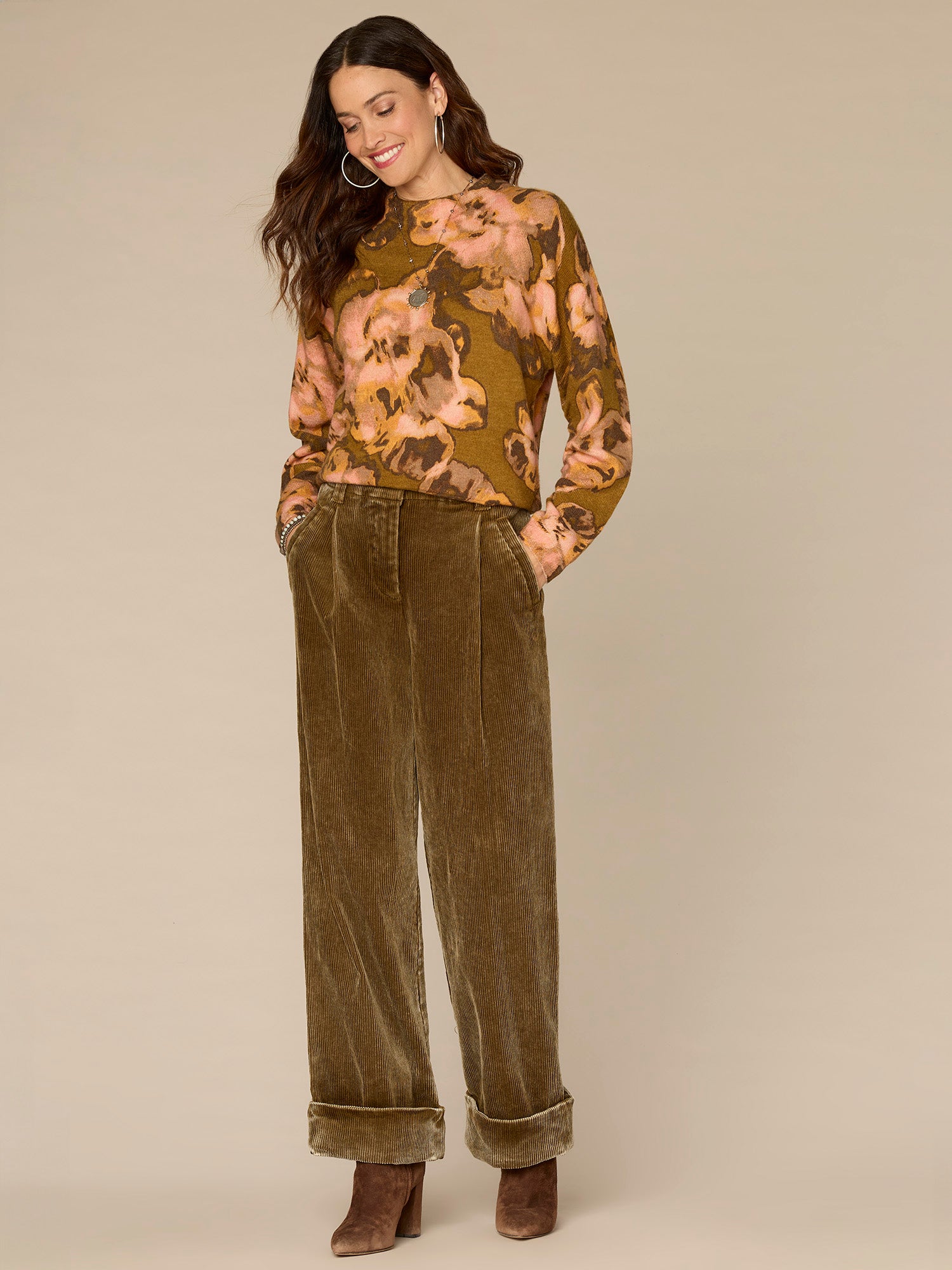 Long Ruched Sleeve Round Mock Neck Abstract Floral Print Sweater - Image 9