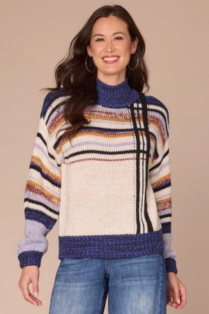 Long Sleeve Mock Neck Placement Stripe Sweater