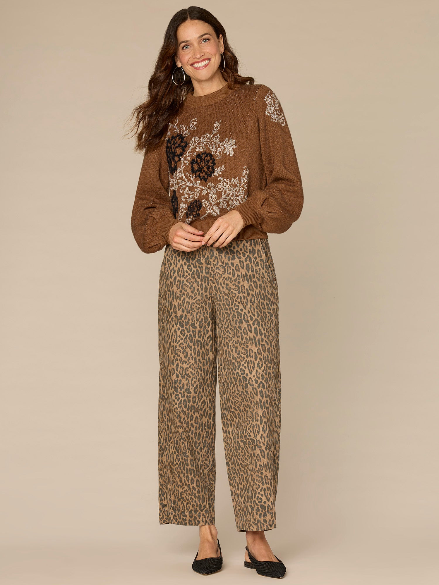 Long Blouson Sleeve Mock Neck Placement Floral Jacquard Sweater - Image 3