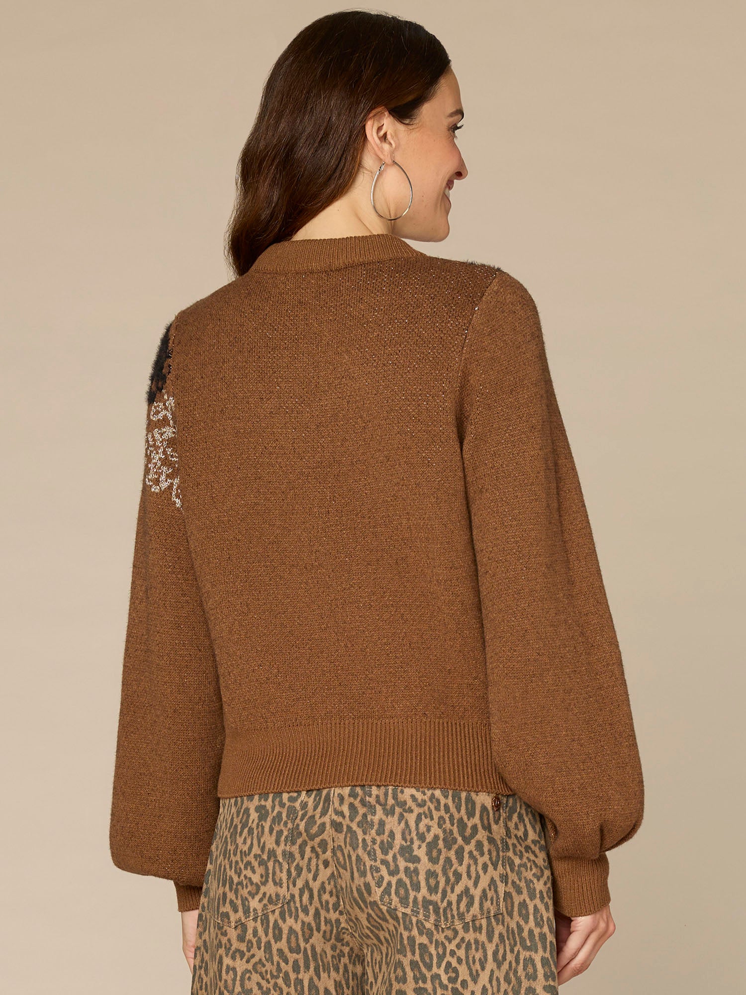 Long Blouson Sleeve Mock Neck Placement Floral Jacquard Sweater - Image 5