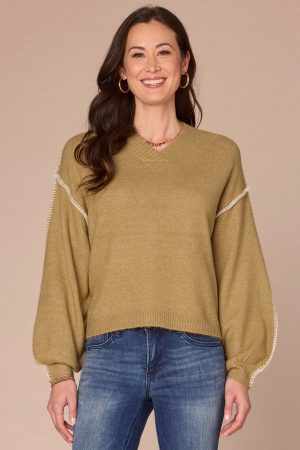 Long Dolman Blouson Sleeve V-Neck Blanket Stitch Embroidered Sweater
