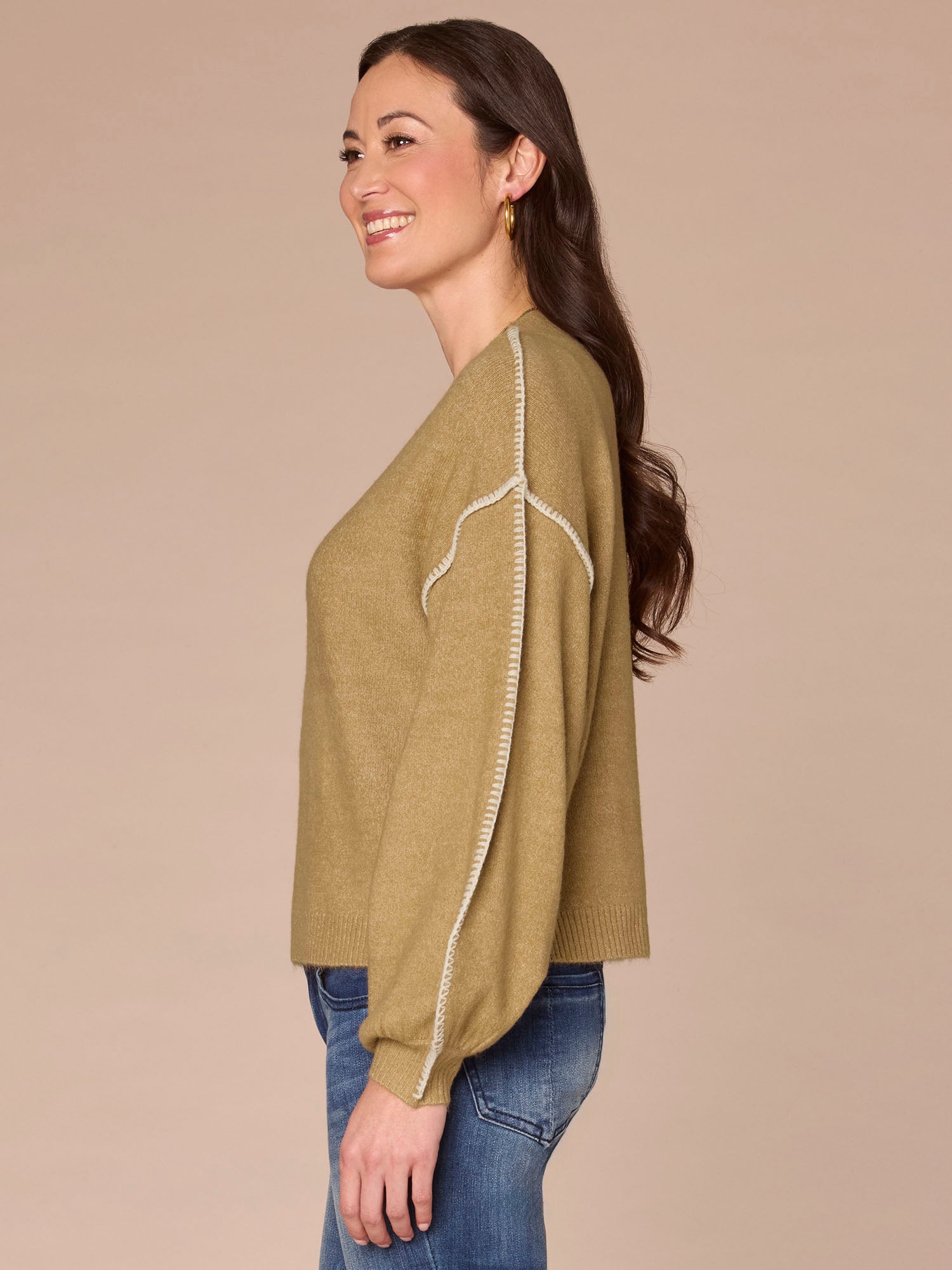 Long Dolman Blouson Sleeve V-Neck Blanket Stitch Embroidered Sweater - Image 2