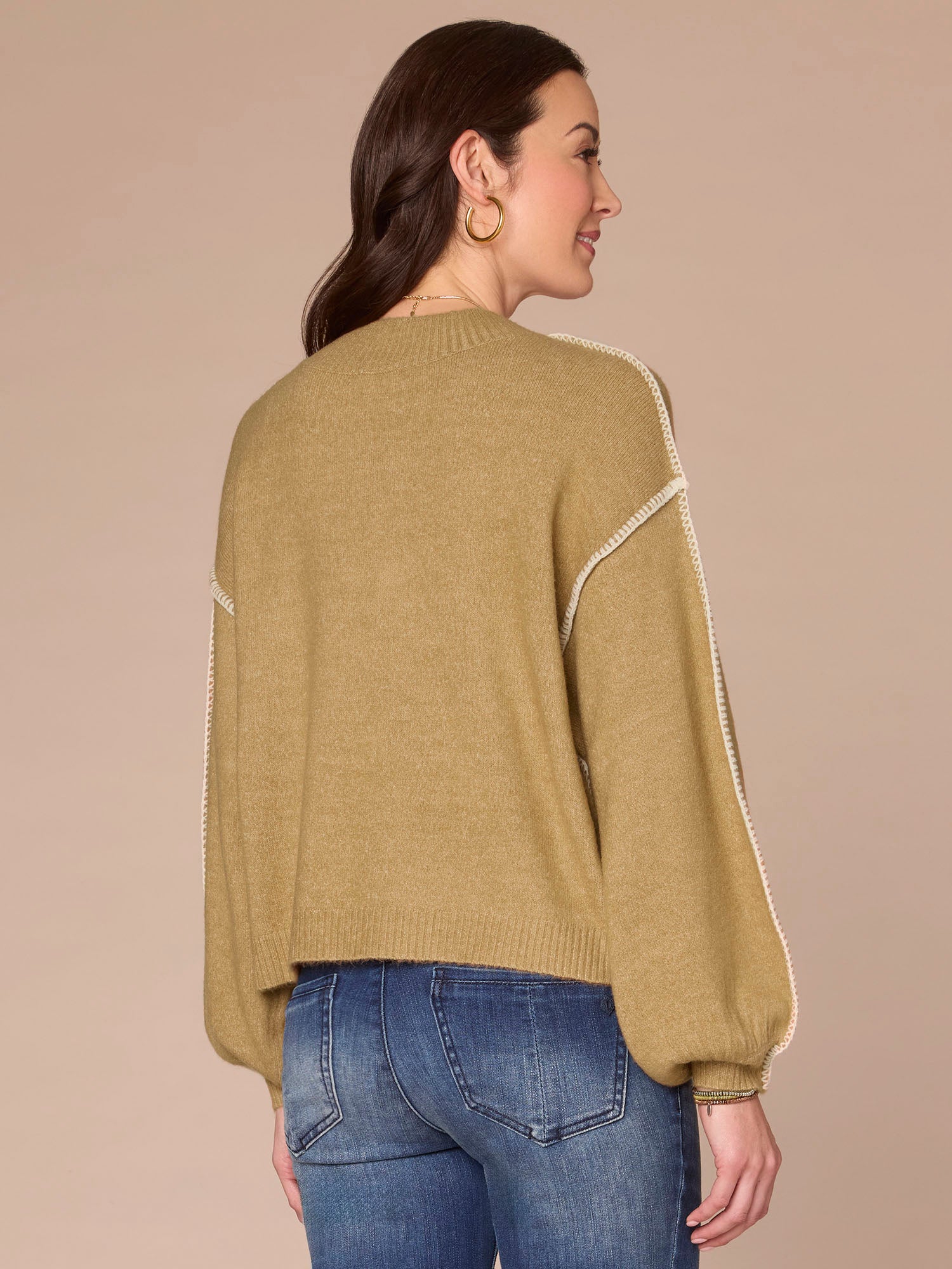 Long Dolman Blouson Sleeve V-Neck Blanket Stitch Embroidered Sweater - Image 3