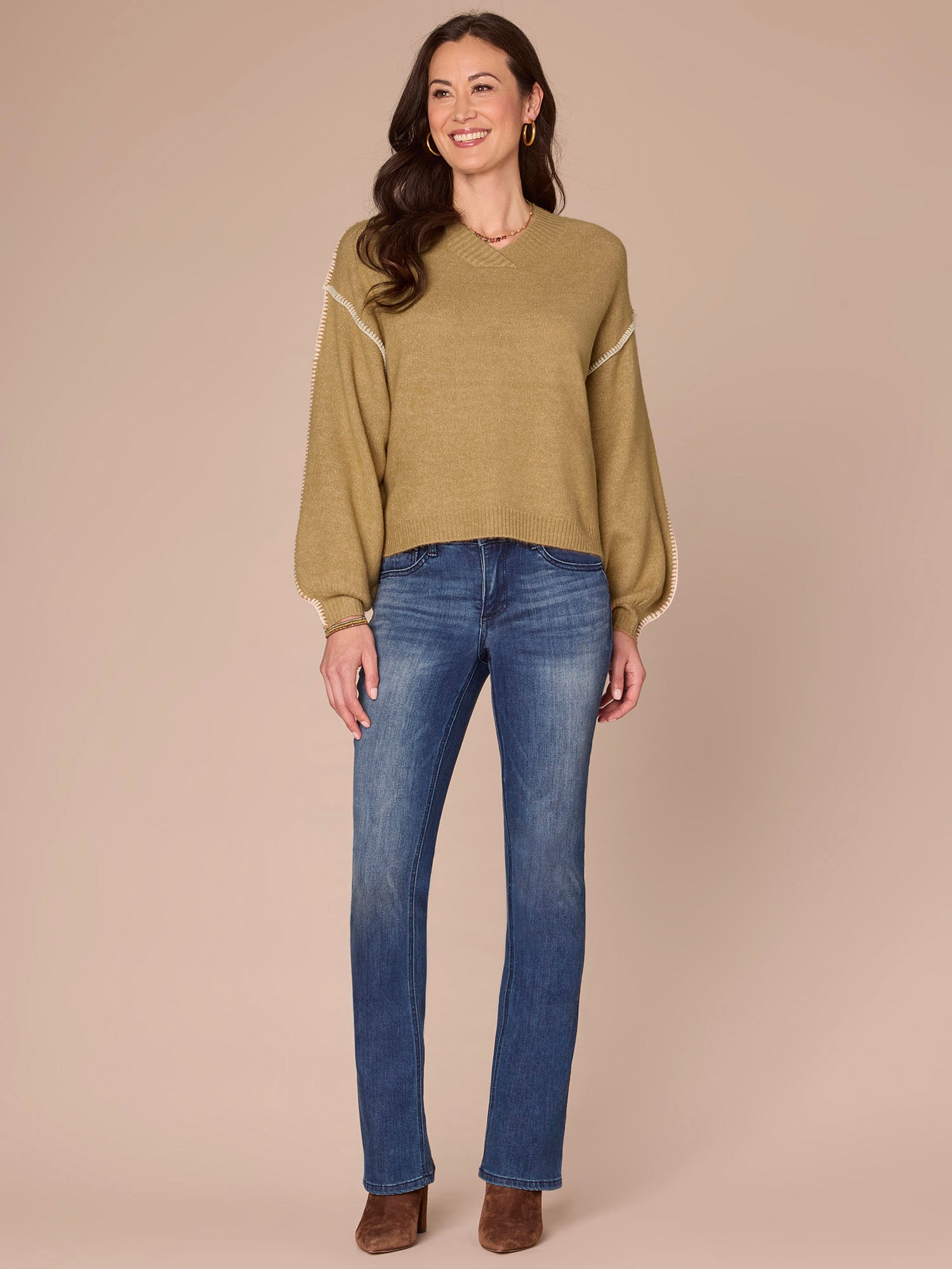 Long Dolman Blouson Sleeve V-Neck Blanket Stitch Embroidered Sweater - Image 4