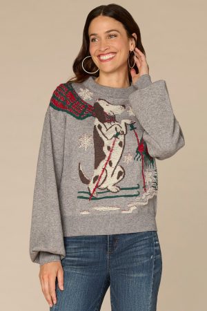 Long Sleeve High Round Neck Placement Skiing Dog Jacquard Sweater