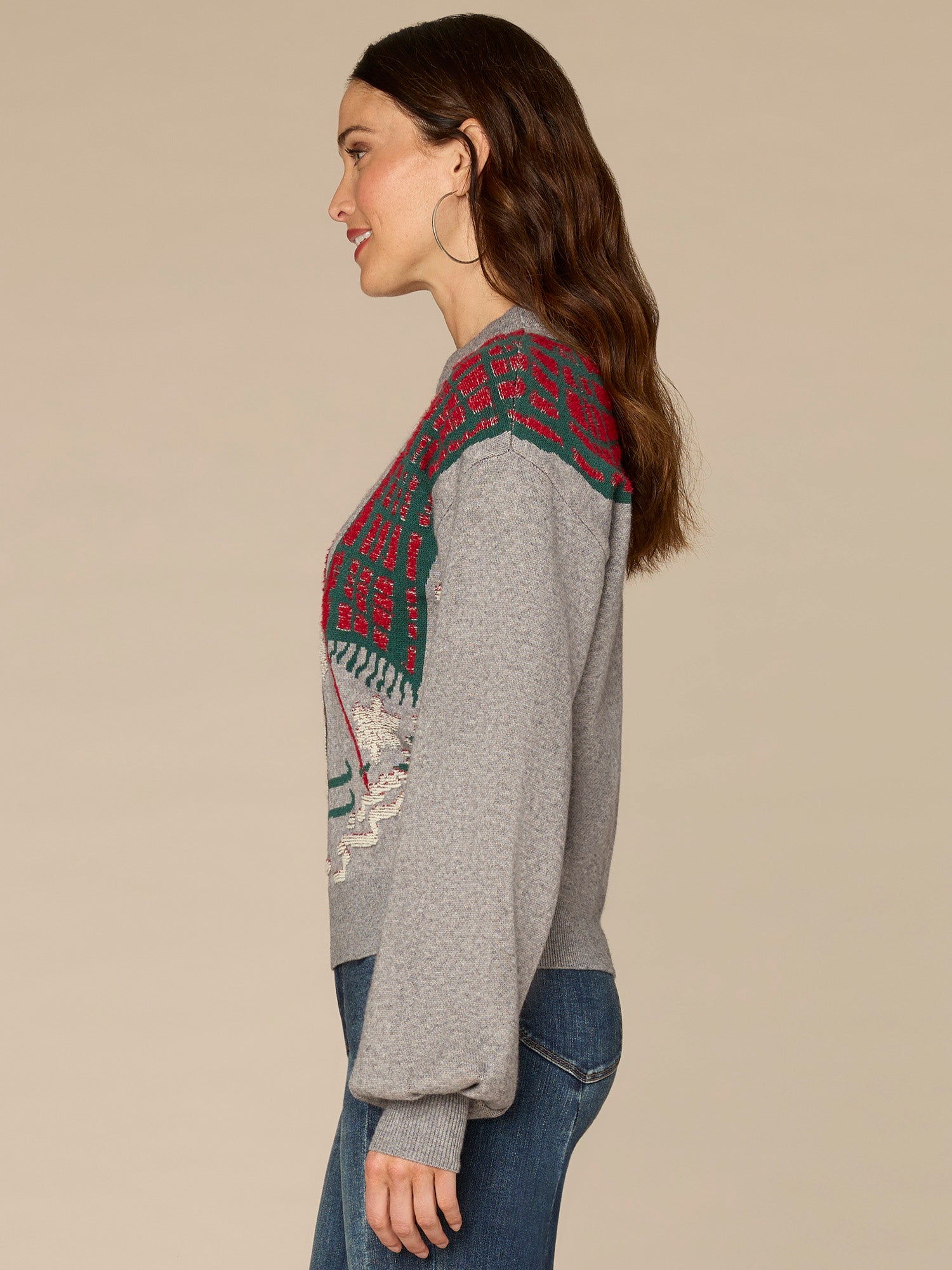 Long Sleeve High Round Neck Placement Skiing Dog Jacquard Sweater - Image 2