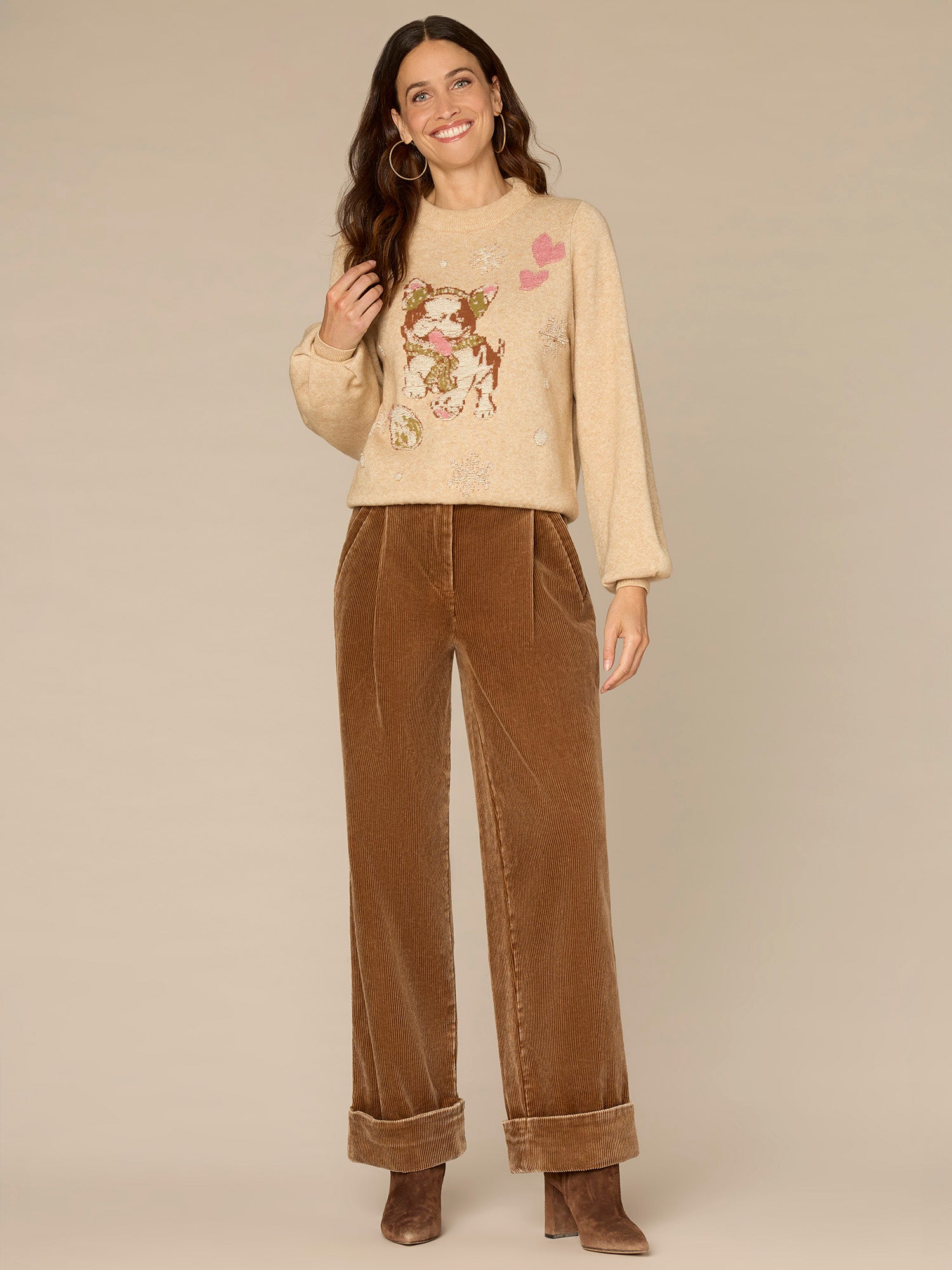 Long Sleeve High Round Neck Placement Holiday Dog Jacquard Sweater - Image 3