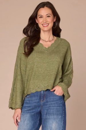 Long Sleeve V-Neck Sweater with Pointelle Scallop Edge Trim