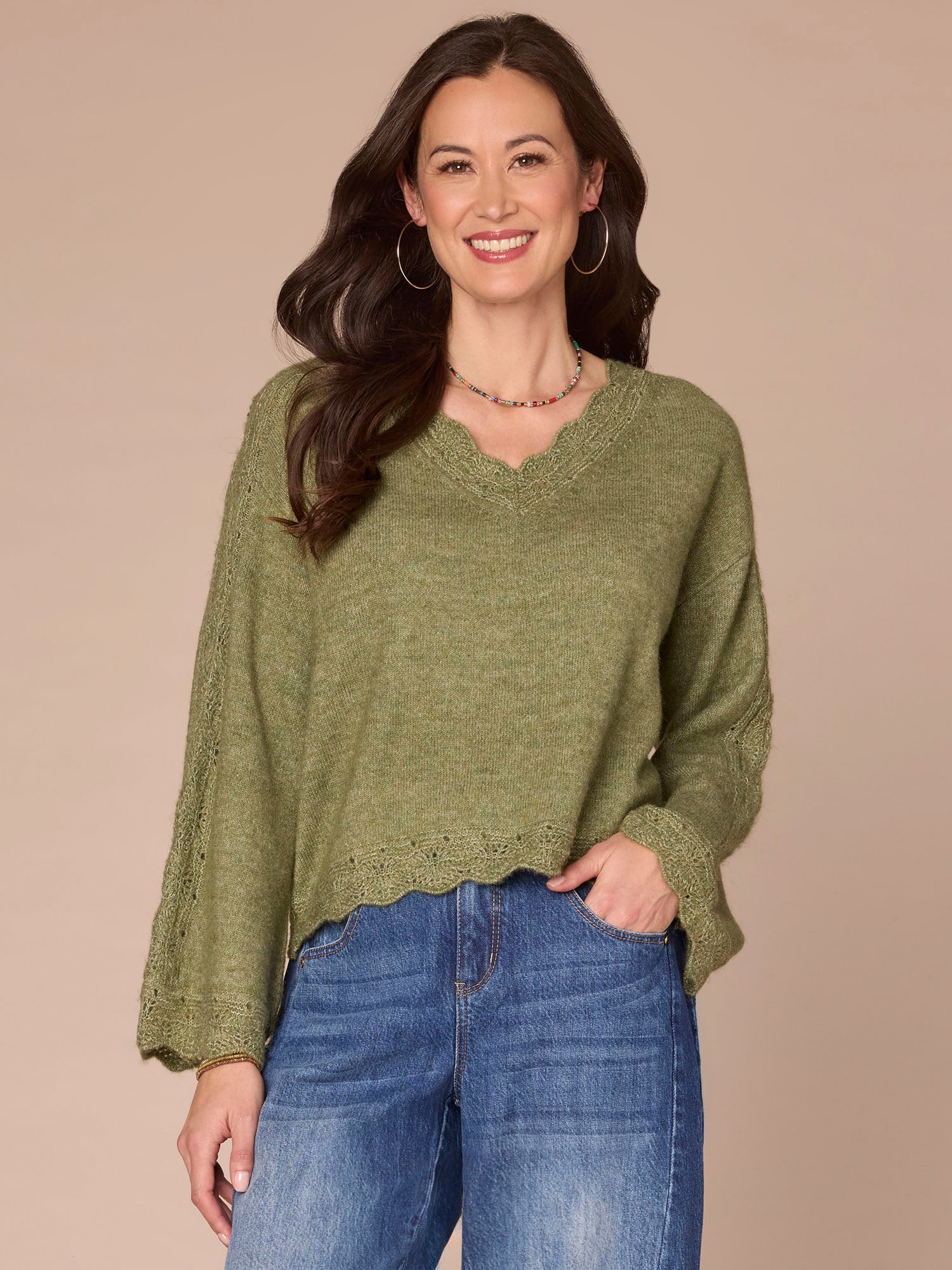 Long Sleeve V-Neck Sweater with Pointelle Scallop Edge Trim