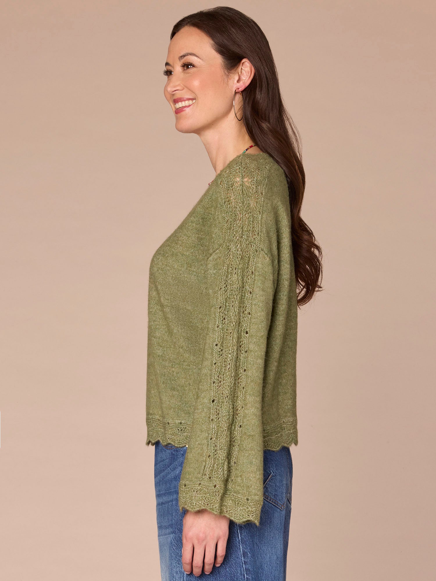 Long Sleeve V-Neck Sweater with Pointelle Scallop Edge Trim - Image 2