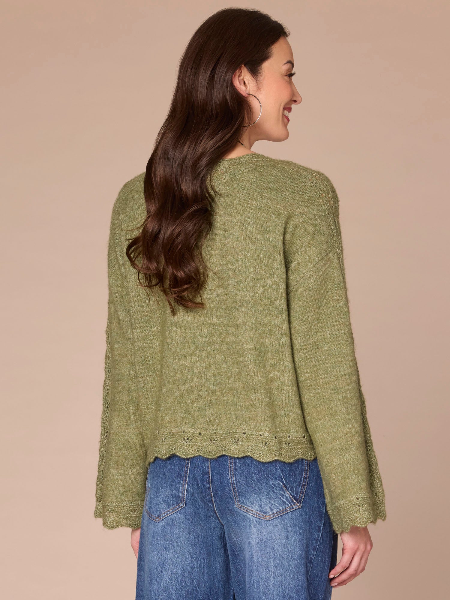 Long Sleeve V-Neck Sweater with Pointelle Scallop Edge Trim - Image 3