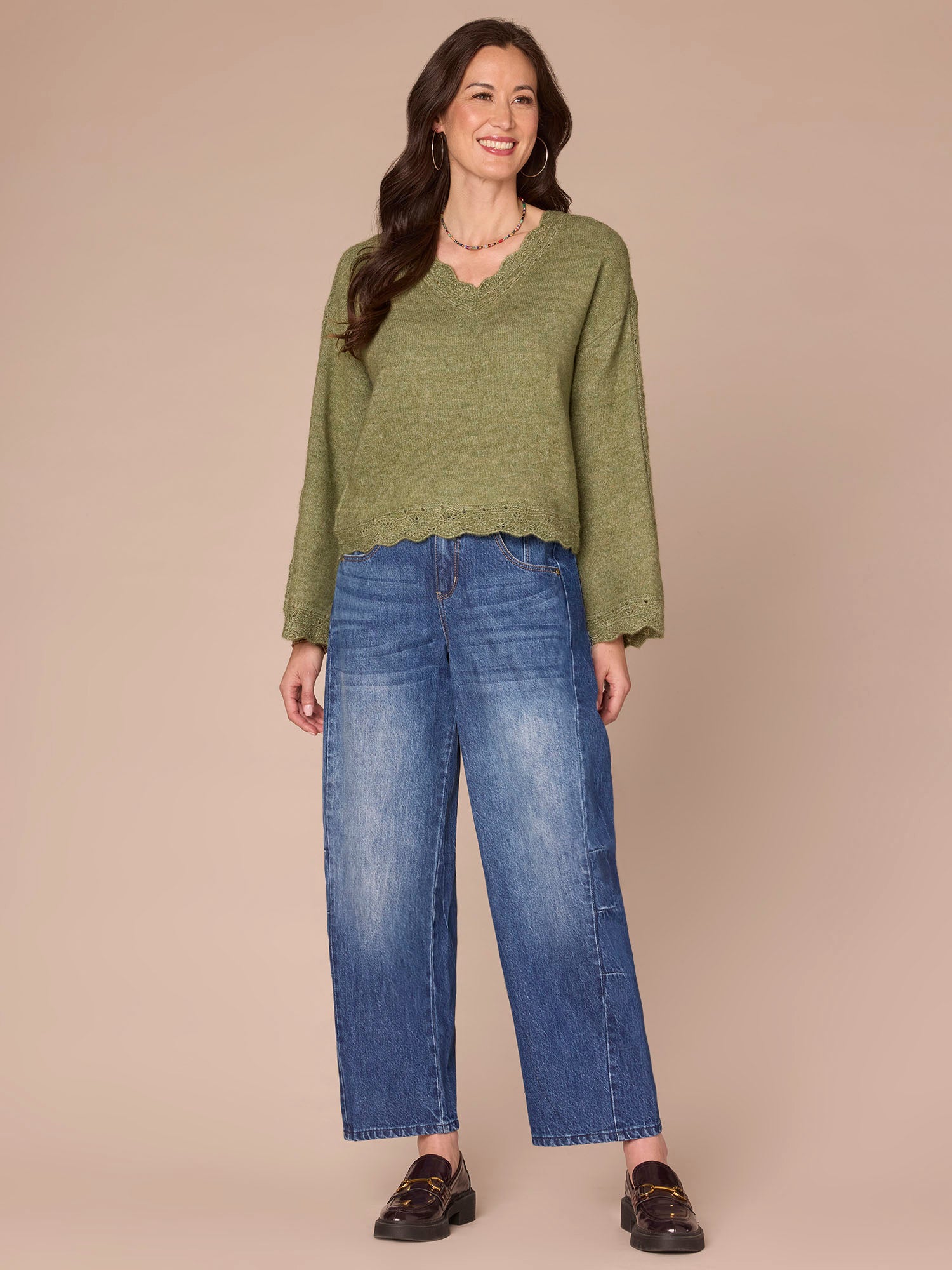 Long Sleeve V-Neck Sweater with Pointelle Scallop Edge Trim - Image 4