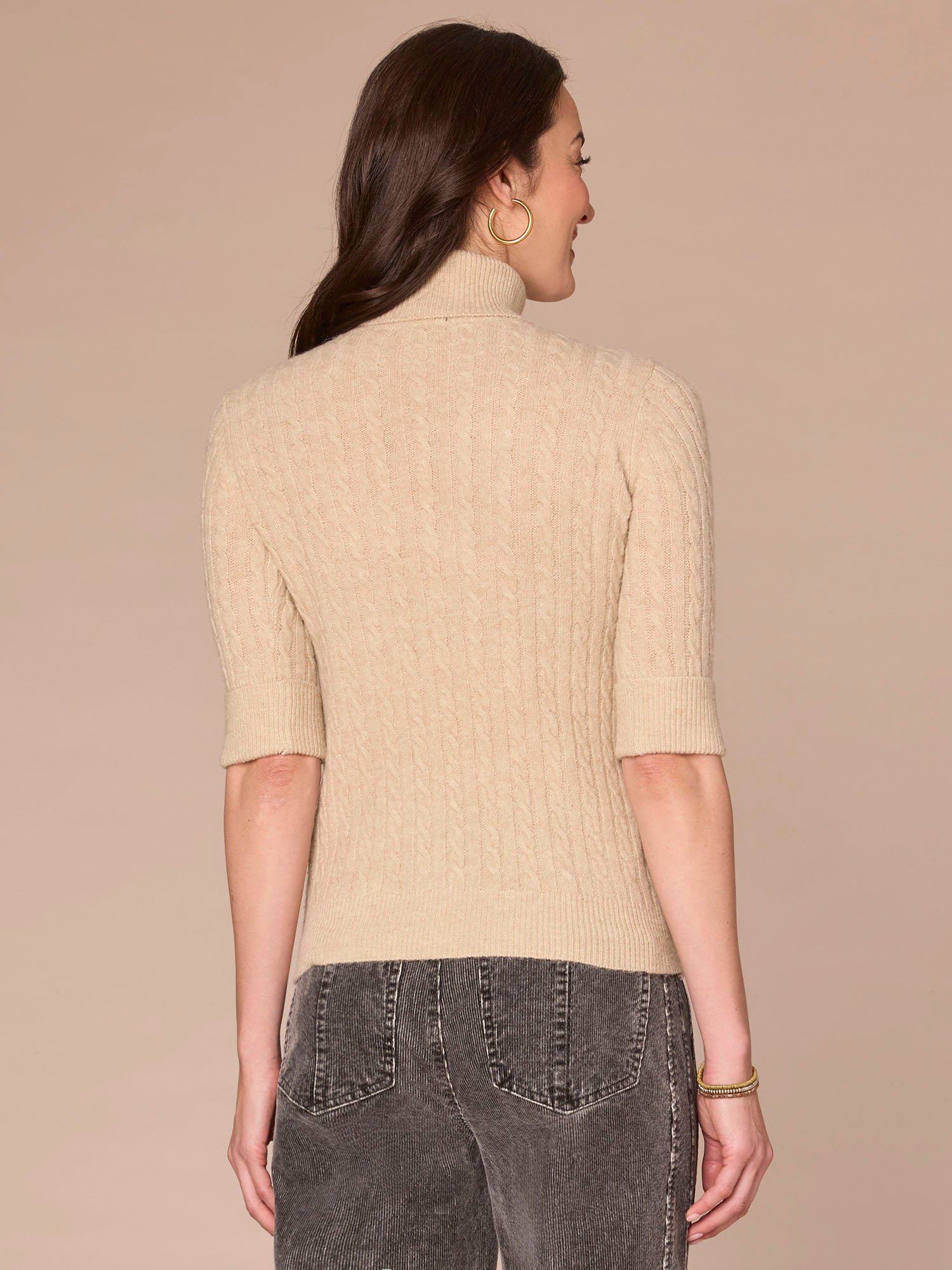 Cuffed Elbow Sleeve Turtle Neck Cable Stitch Mix Sweater - Image 7