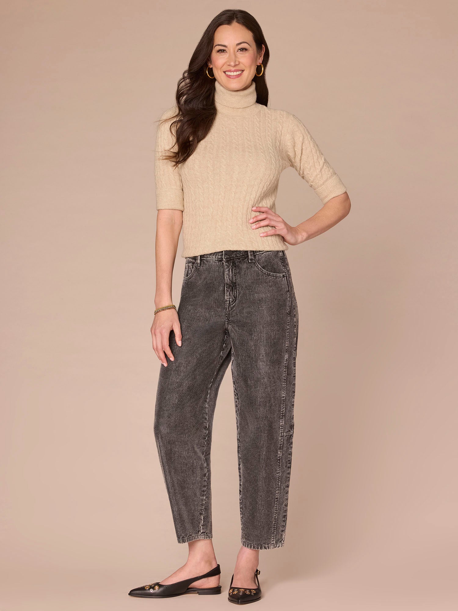 Cuffed Elbow Sleeve Turtle Neck Cable Stitch Mix Sweater - Image 8