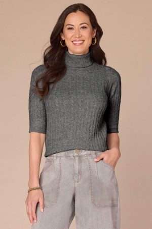 Cuffed Elbow Sleeve Turtle Neck Cable Stitch Mix Sweater