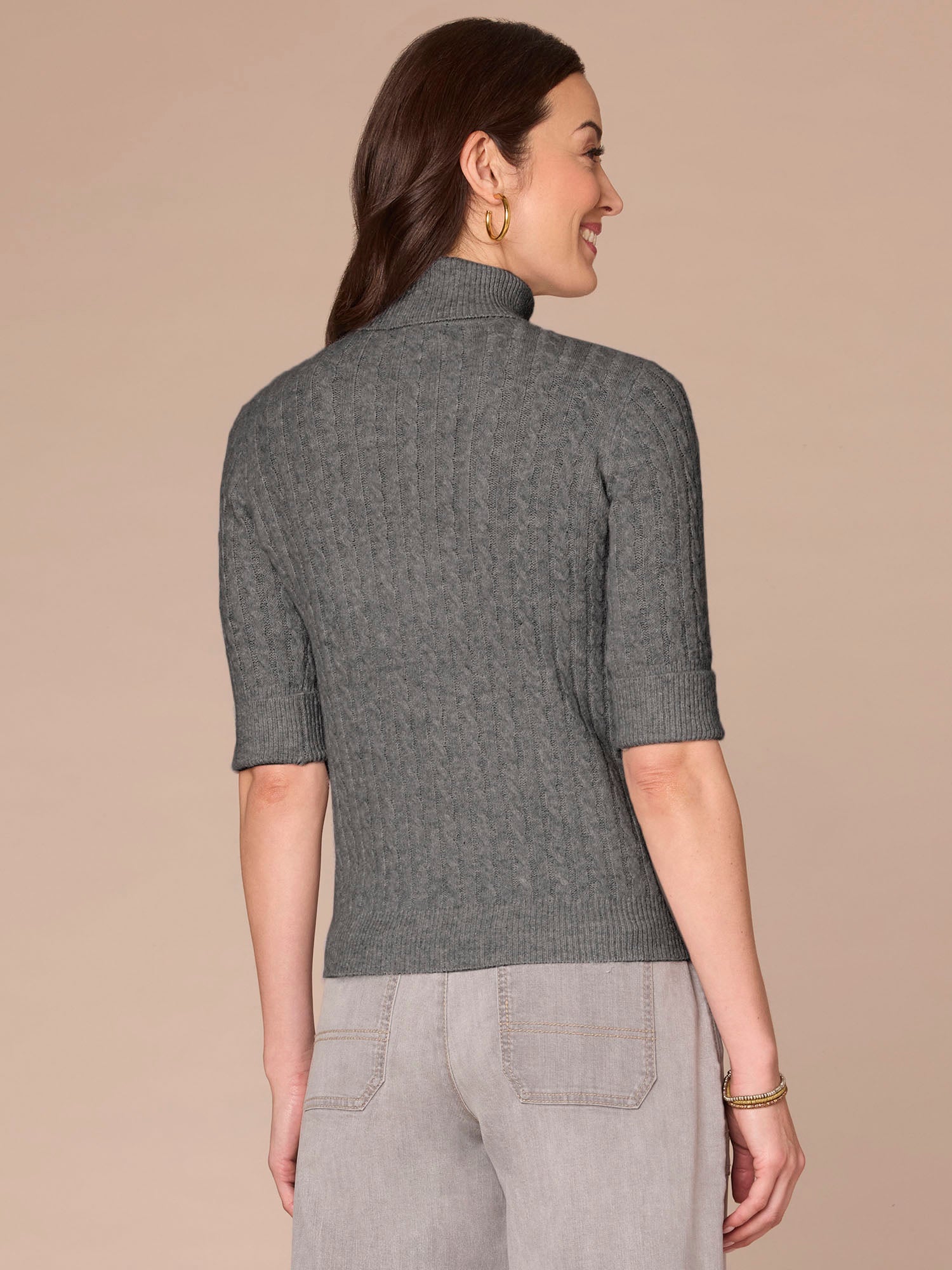 Cuffed Elbow Sleeve Turtle Neck Cable Stitch Mix Sweater - Image 3