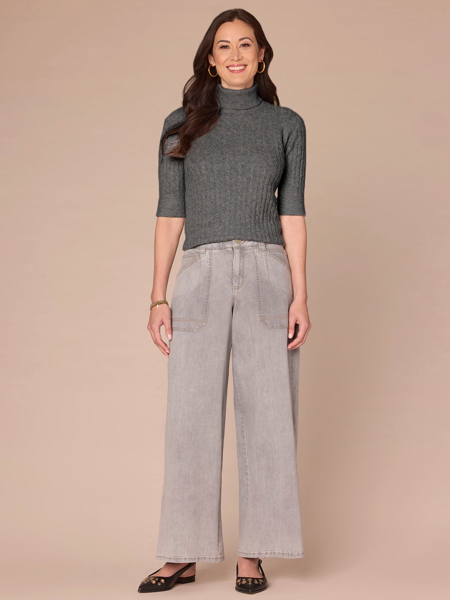 Cuffed Elbow Sleeve Turtle Neck Cable Stitch Mix Sweater - Image 4