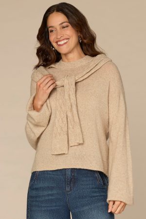 Long Sleeve Round Neck Twofer Tie Front Pointelle Sweater