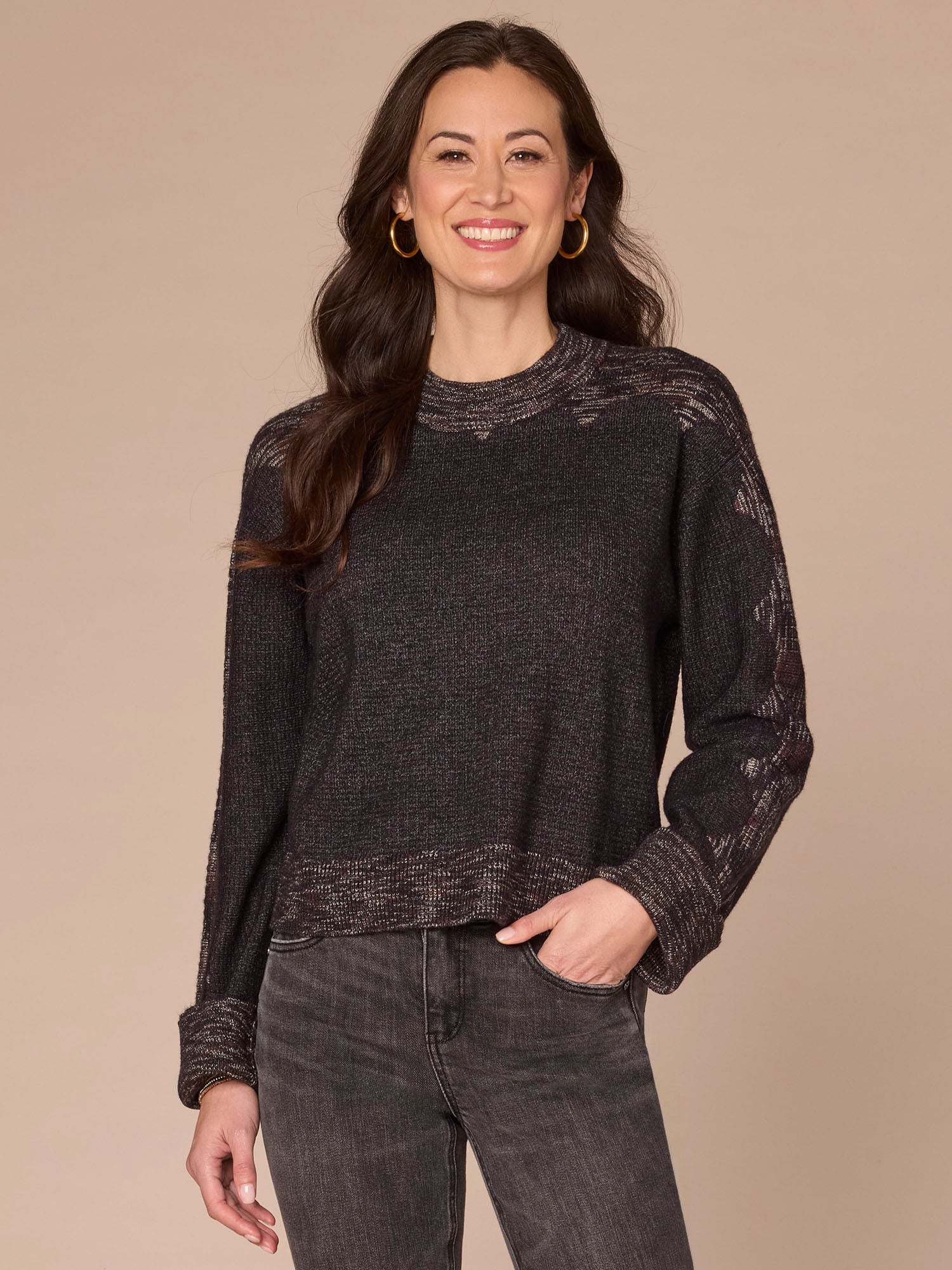 Long Cuffed Sleeve Mock Neck Space Dye Framing Sweater