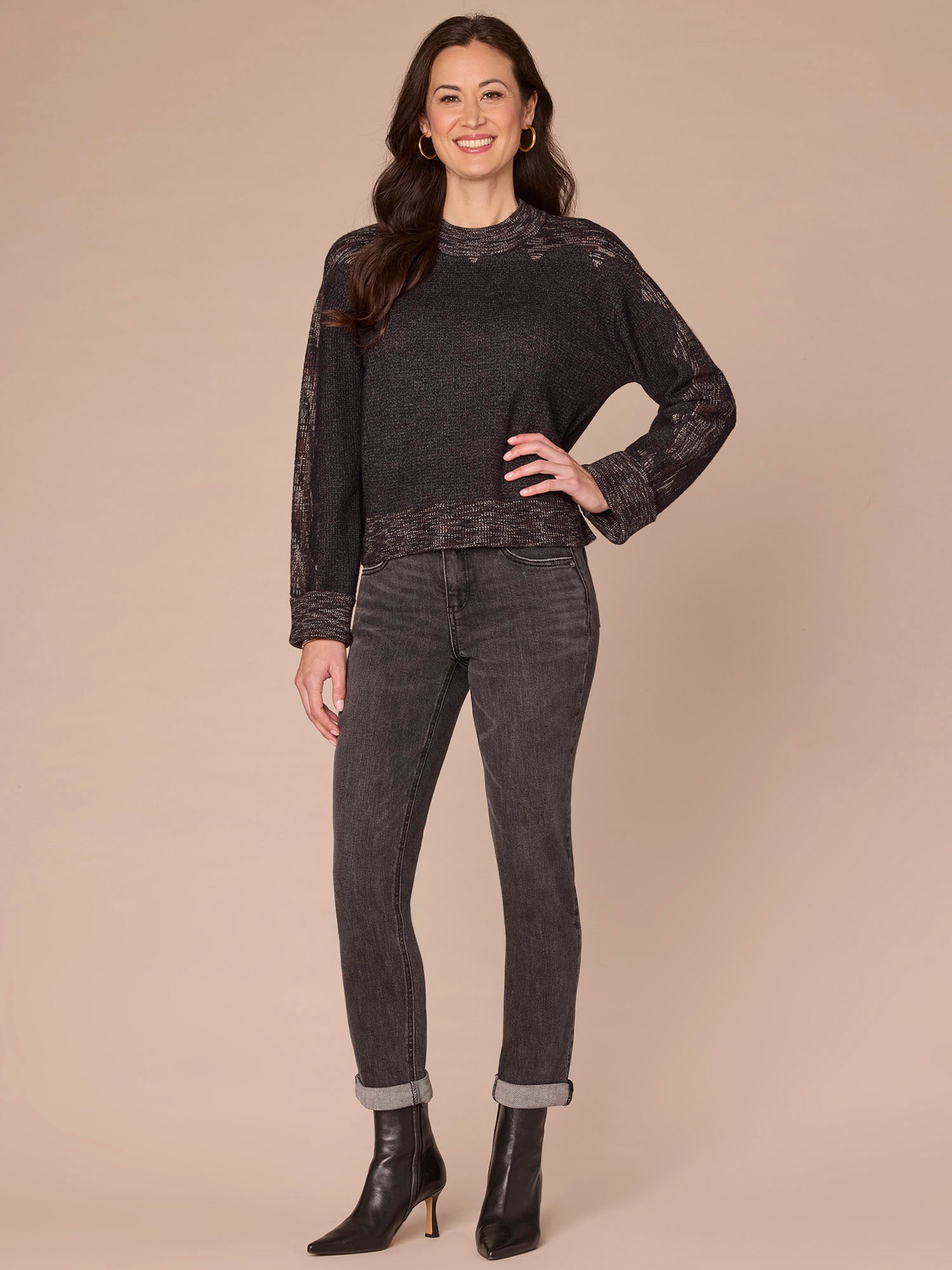 Long Cuffed Sleeve Mock Neck Space Dye Framing Sweater - Image 4