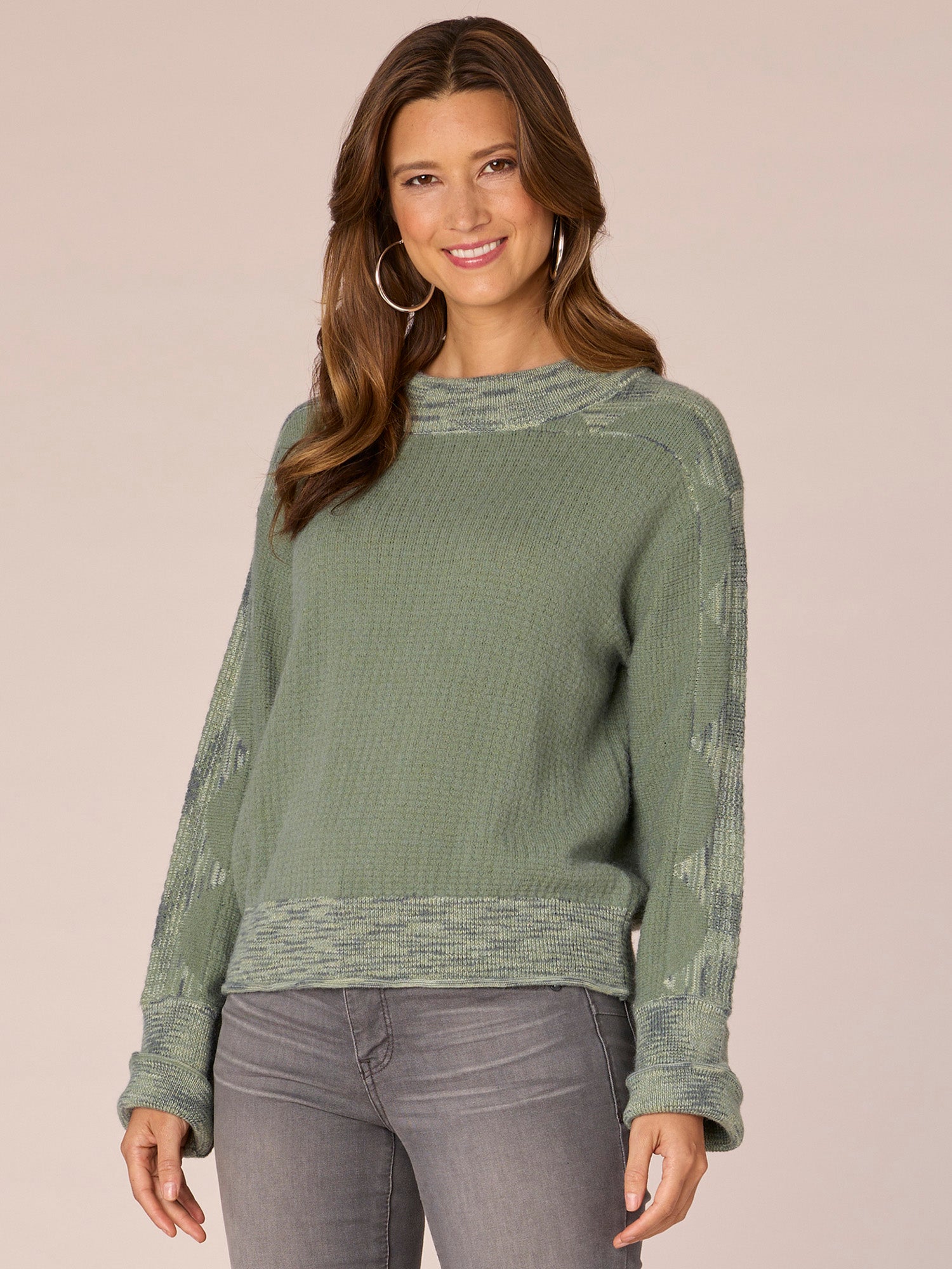 Long Cuffed Sleeve Mock Neck Space Dye Framing Sweater - Image 5