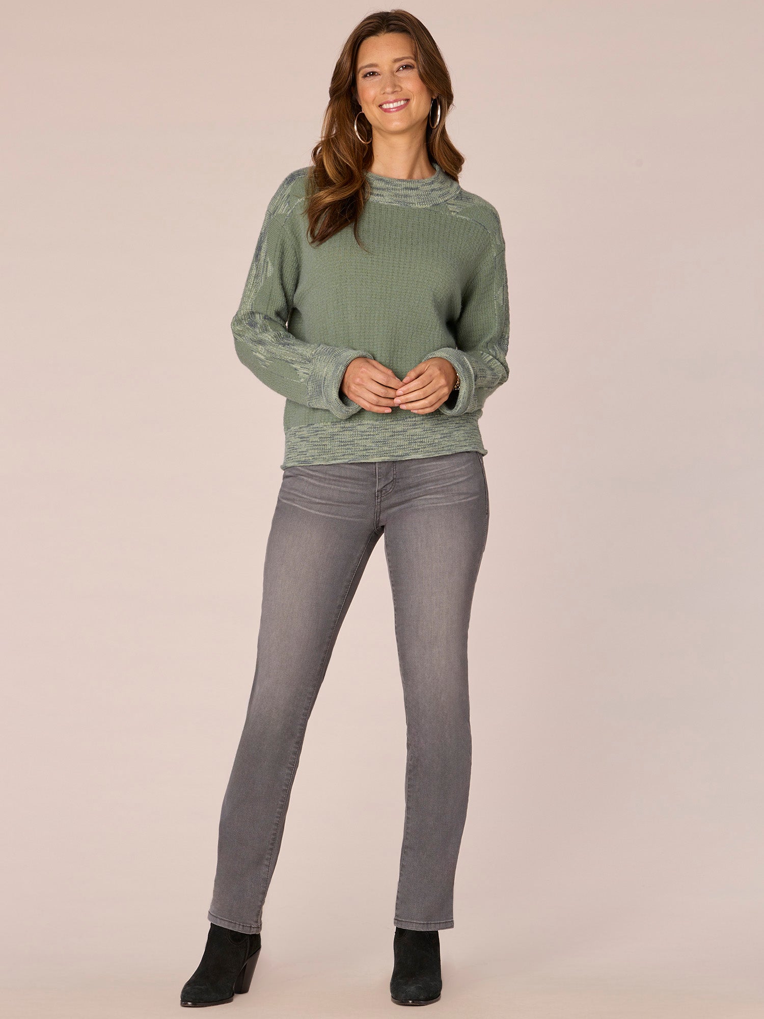 Long Cuffed Sleeve Mock Neck Space Dye Framing Sweater - Image 8