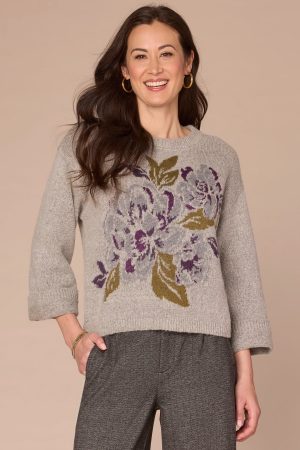 Long Cuffed Sleeve Round Neck Floral Jacquard Sweater