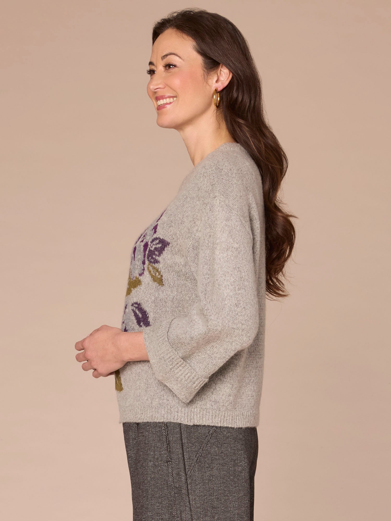 Long Cuffed Sleeve Round Neck Floral Jacquard Sweater - Image 2